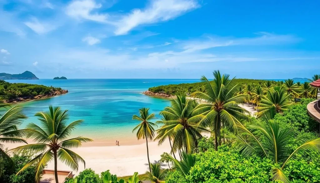 Image of Thuan An Beach with its emerald lagoon and palm trees