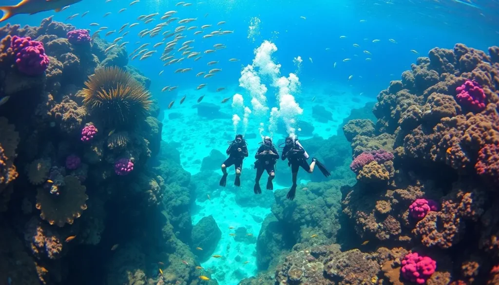 Image of Tiputa Pass in Rangiroa with divers exploring the underwater landscape