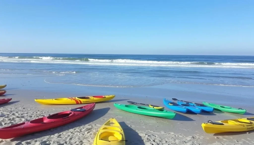 Image of Topsail Island beach with kayaks and paddleboards
