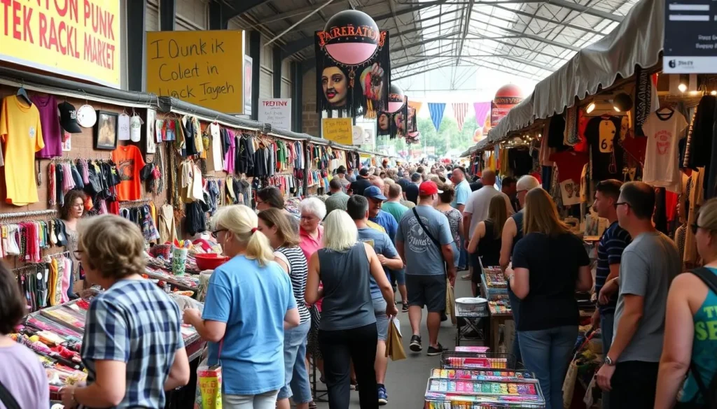 Image of Trenton Punk Rock Flea Market with vendors and attendees browsing through goods.