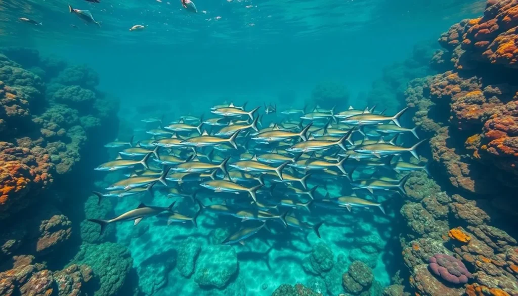 Image of Tumakohua Pass in Fakarava with a "wall of sharks" swimming together