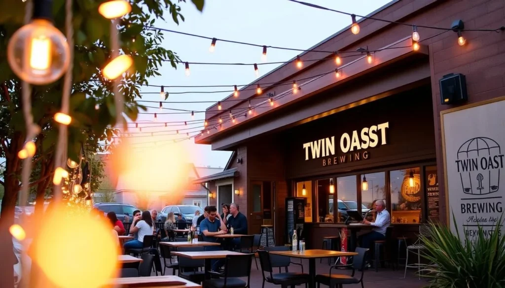 Image of Twin Oast Brewing's outdoor seating area with string lights and live music