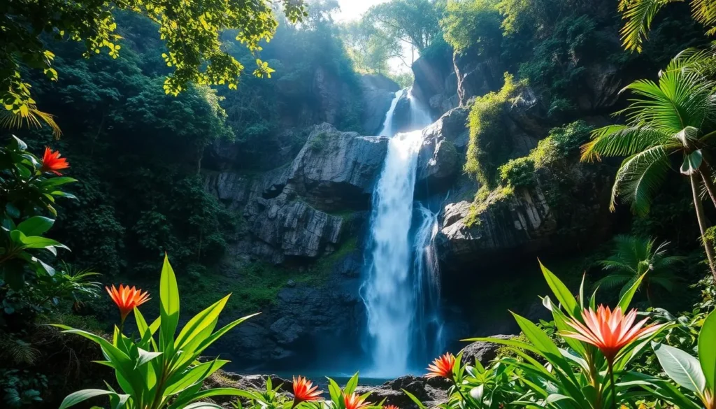 Image of Vaipo Waterfall surrounded by lush greenery
