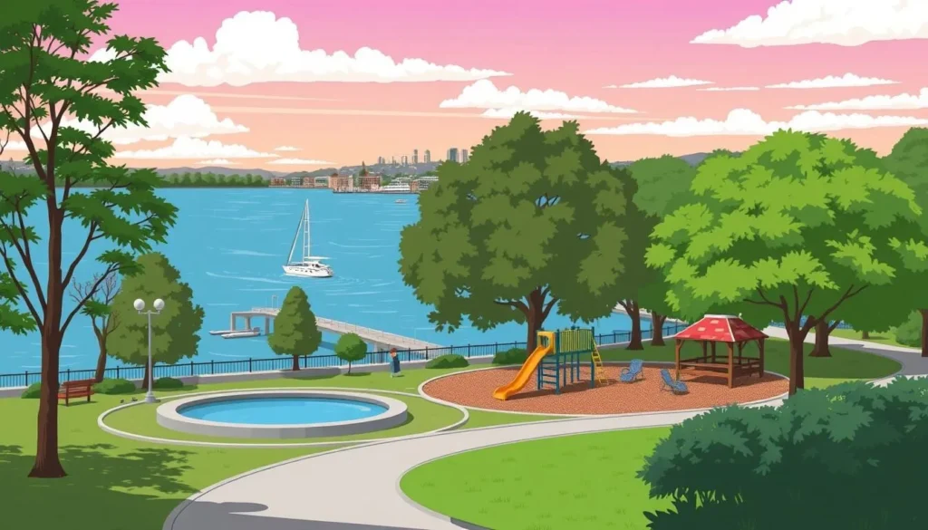 Image of Veterans Park with a scenic waterfront view and playground
