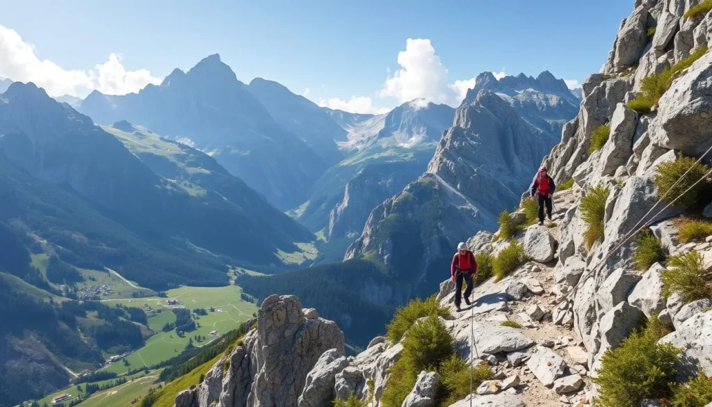 Image of Via Ferrata Braunwald with climbers navigating through a mountainous terrain