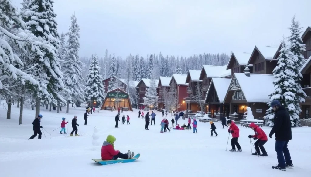Image of Village Vacances Valcartier resort during winter with snow-covered trees and family activities