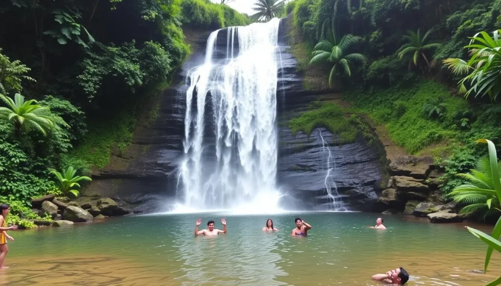 Image of Waimea Falls with people swimming in the pool beneath it