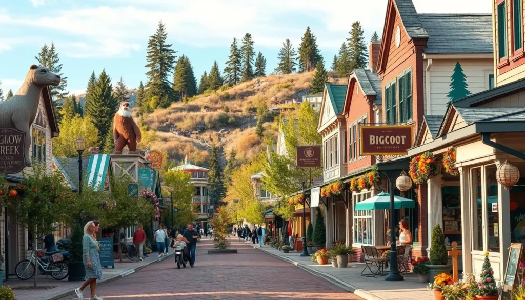 Image of Willow Creek town with Bigfoot-themed decorations