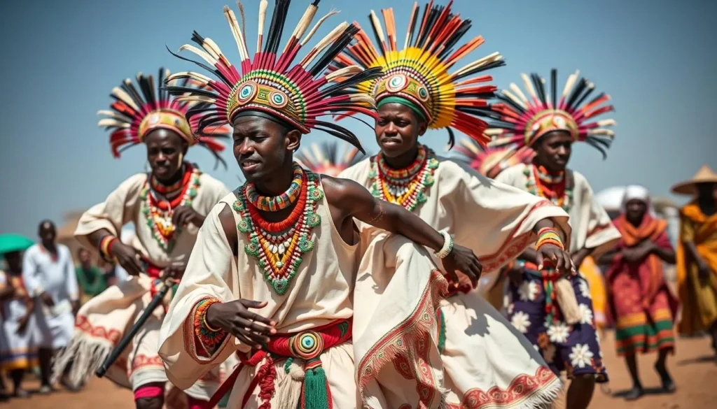 Image of Wodaabe men in elaborate costumes dancing during the Gerewol Festival
