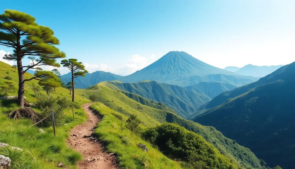 Image of Yangmingshan National Park's hiking trails with lush green landscapes and a dormant volcano in the background.