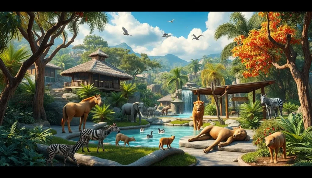 Image of Zacango Zoo with various animals in naturalistic habitats
