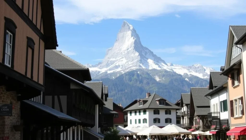 Image of Zermatt's Old Town with traditional Mazots and the Matterhorn in the background