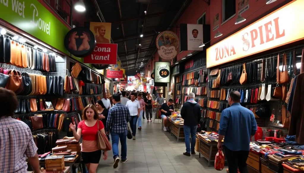 Image of Zona Piel, a bustling leather district in Leon, Mexico, with various shops and vendors selling leather goods.