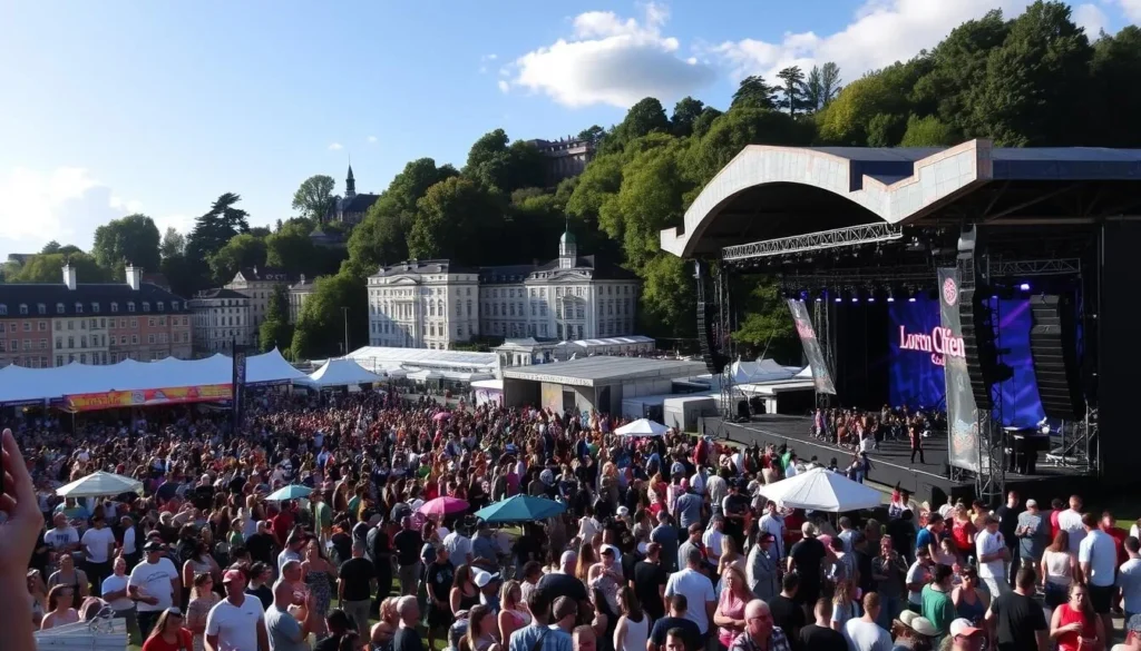 Image of Zurich Openair festival grounds with multiple stages and a lively crowd