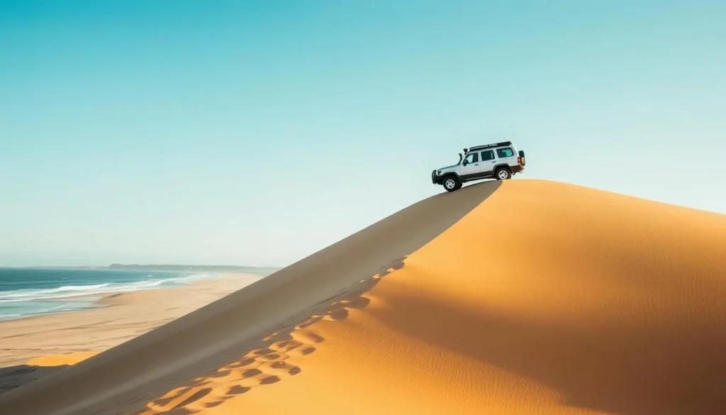 Image of a 4x4 vehicle driving up a massive sand dune along the Benguela coast