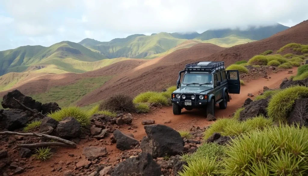 Image of a 4x4 vehicle on Molokai's rugged terrain