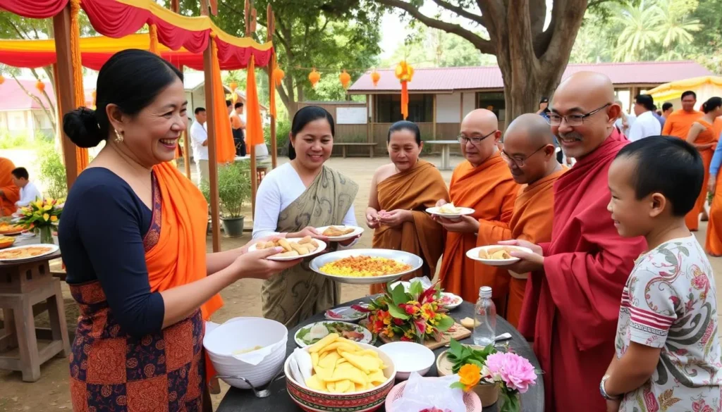 Image of a Cambodian family offering food to monks during Pchum Ben