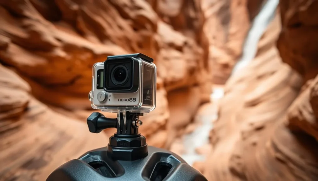 Image of a GoPro Hero8 camera attached to a helmet, with a canyoning background