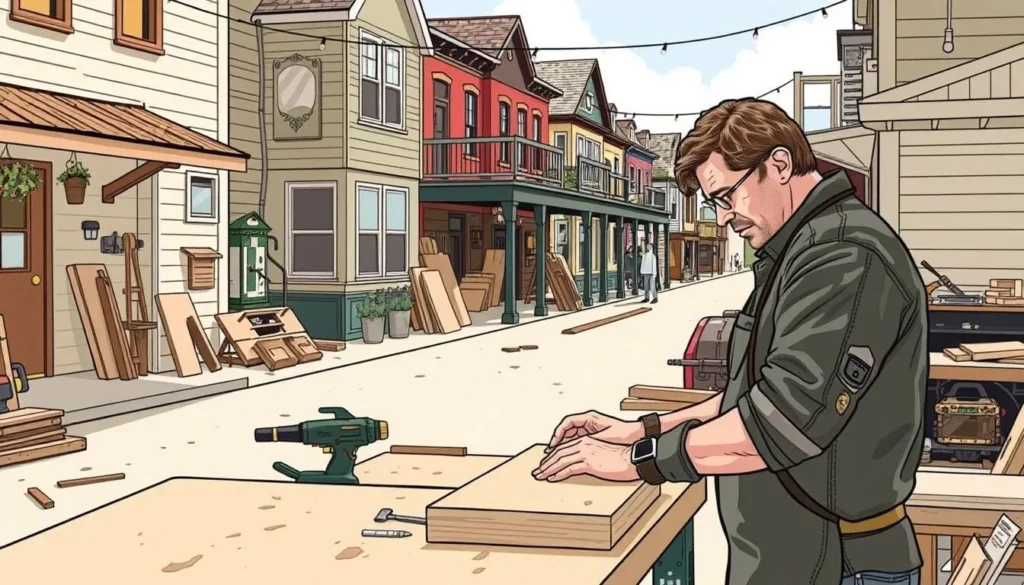 Image of a "Home Town" filming location in Laurel, featuring Ben Napier working on a project.