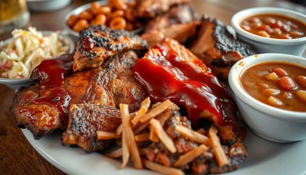 Image of a Kansas City BBQ plate with slow-smoked meats and signature sauce