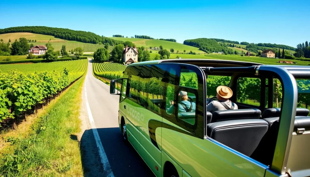 Image of a Kutzig convertible bus touring through a vineyard in Alsace