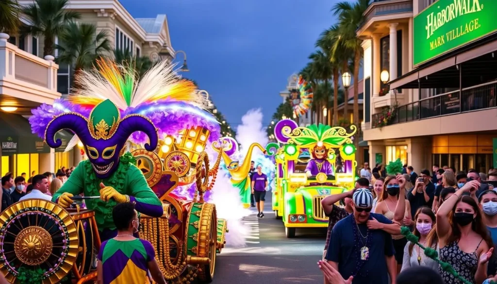 Image of a Mardi Gras parade in HarborWalk Village