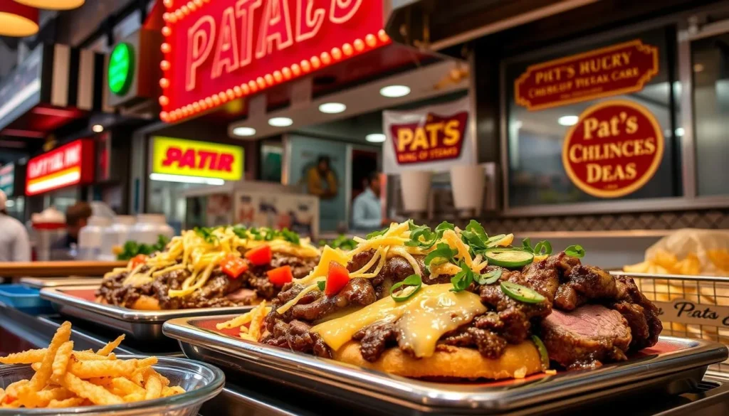 Image of a Philly cheesesteak being prepared at Pat's King of Steaks