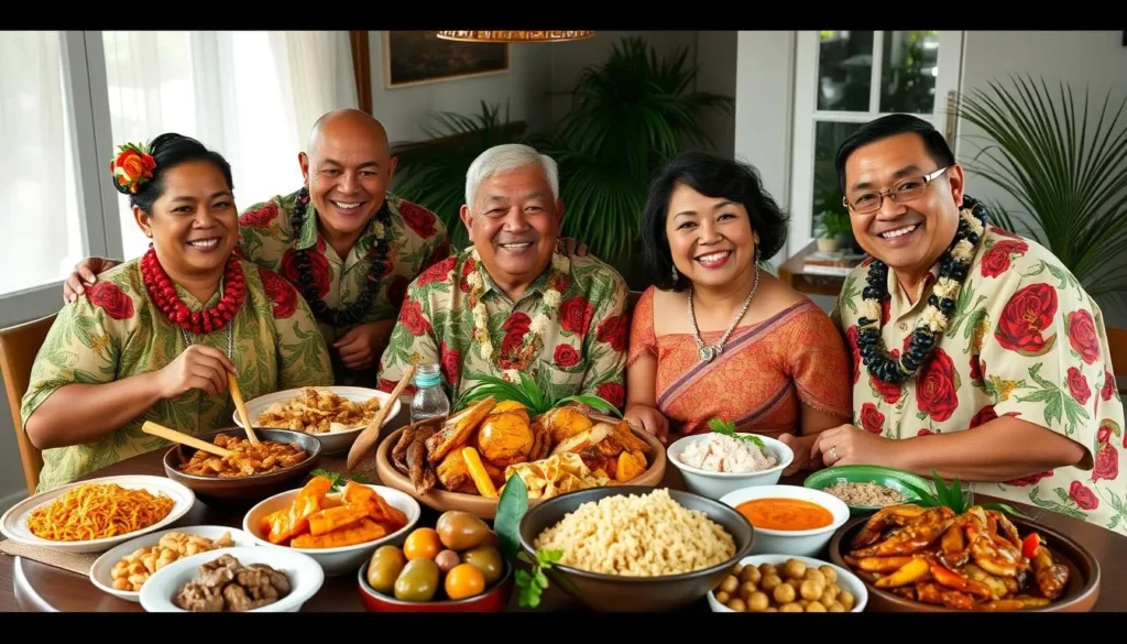 Image of a Samoan family celebrating Father's Day with traditional attire and food