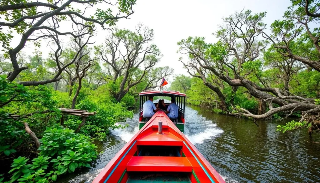 Image of a Sundarbans tour from Khulna, showcasing a boat navigating through the mangrove forests