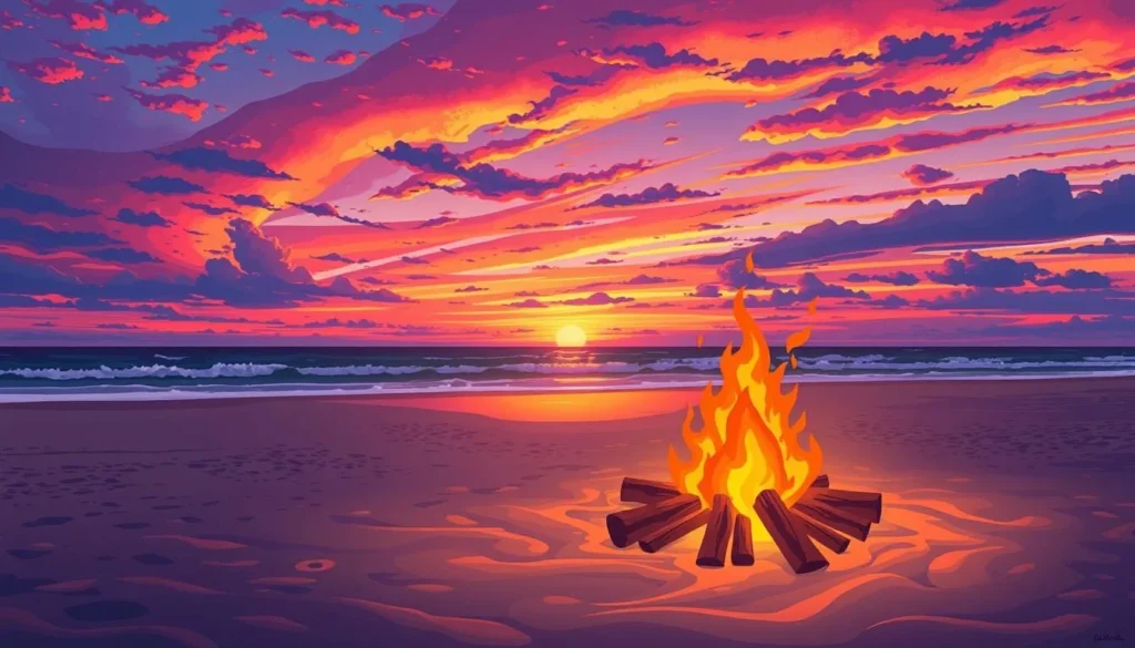 Image of a beach bonfire at sunset near Miramar Beach