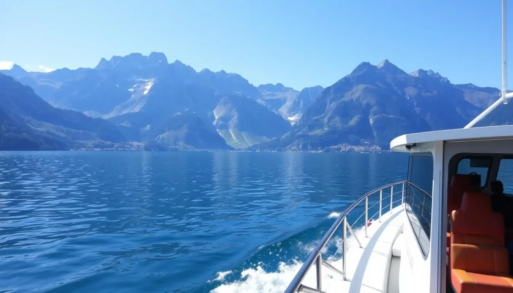 Image of a boat cruise on Lake Brienz with the Swiss Alps in the background