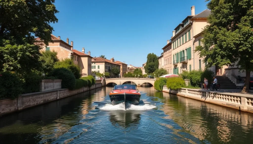 Image of a boat cruising along the Canal du Midi