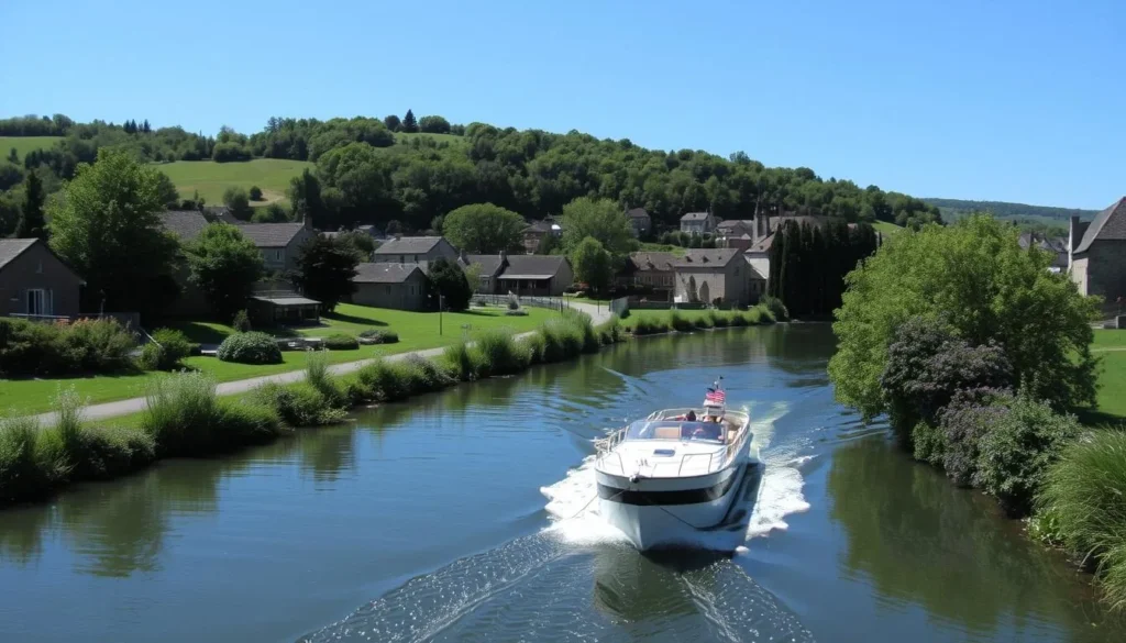 Image of a boat navigating through Burgundy's canals with lush greenery alongside