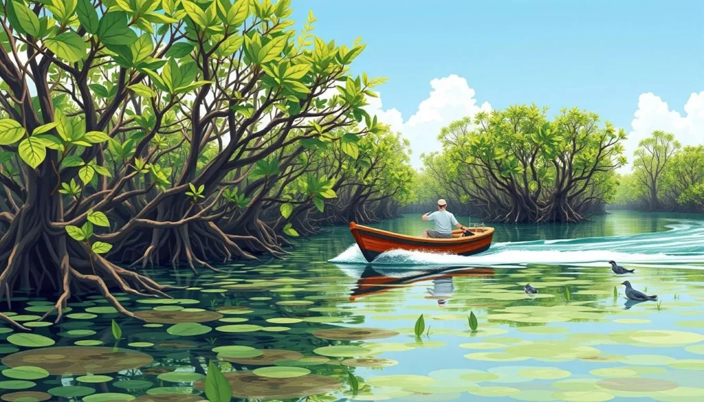 Image of a boat navigating through mangrove swamps