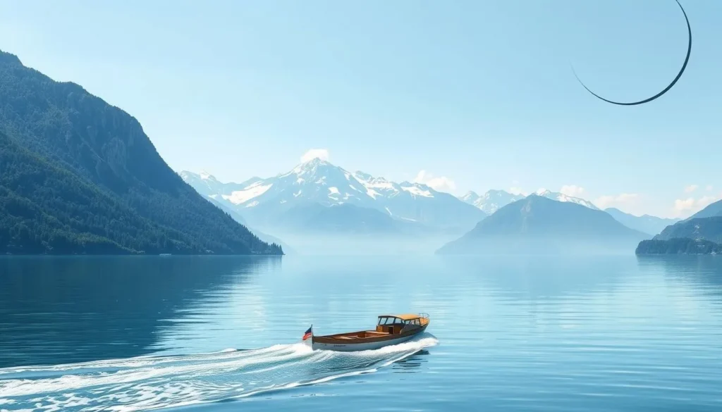 Image of a boat sailing on Lake Neuchâtel with the Jura mountains in the background
