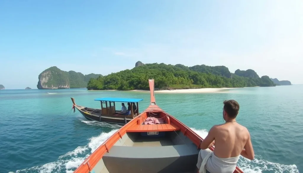 Image of a boat tour around Koh Rong Island, stopping at a secluded beach