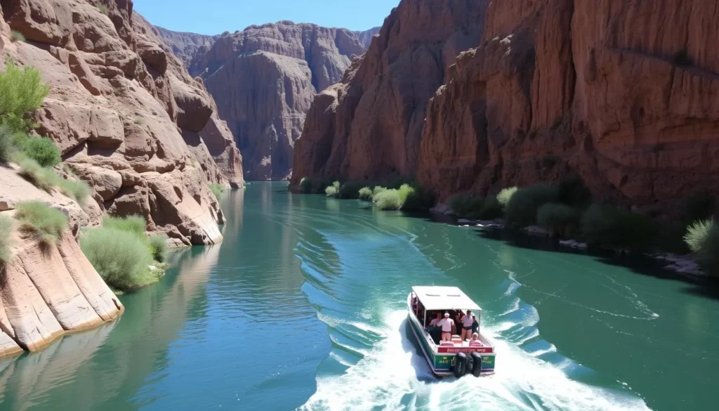 Image of a boat tour navigating through the Topock Gorge with the Colorado River flowing through it.