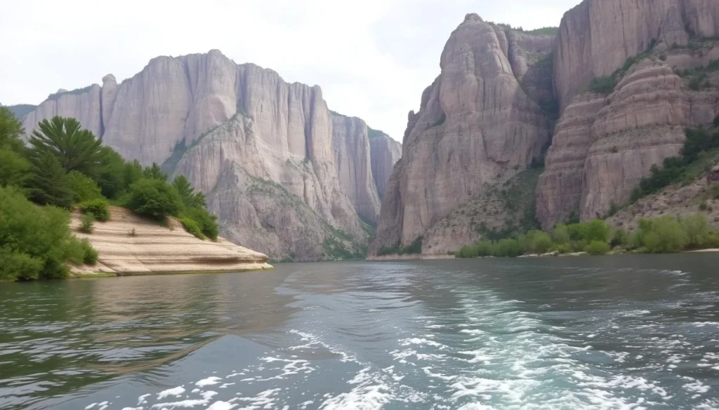 Image of a boat tour on the Missouri River with limestone cliffs in the background Image of a boat tour on the Missouri River with limestone cliffs in the background