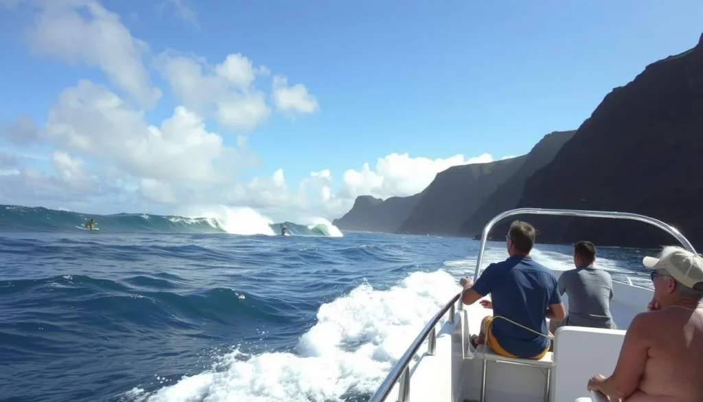 Image of a boat tour watching surfers at Teahupo'o