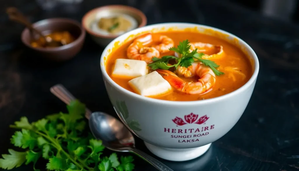 Image of a bowl of laksa from Heritage Sungei Road Laksa, highlighting the ingredients and the charcoal cooking method.