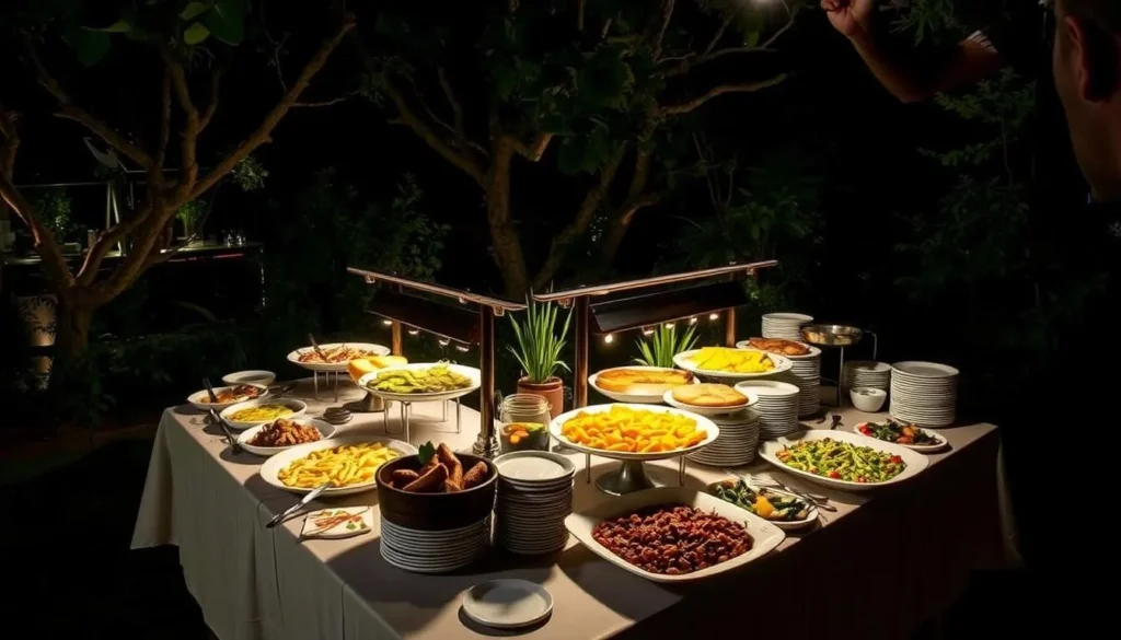 Image of a buffet dinner setup in a natural, outdoor setting at Night Safari