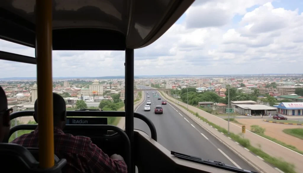 Image of a bus or taxi traveling to Ibadan