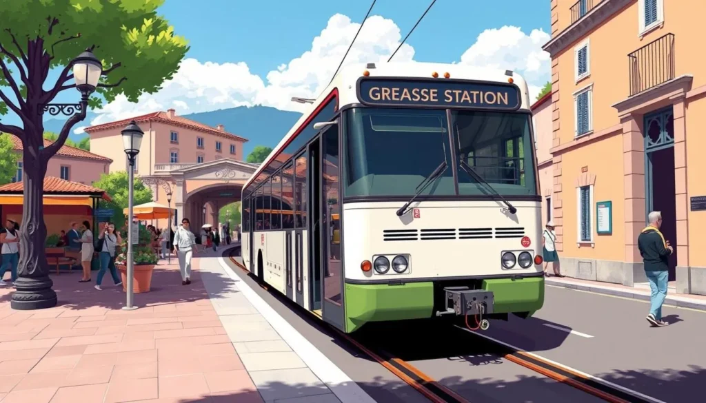 Image of a bus or train arriving at Grasse station during a sunny day
