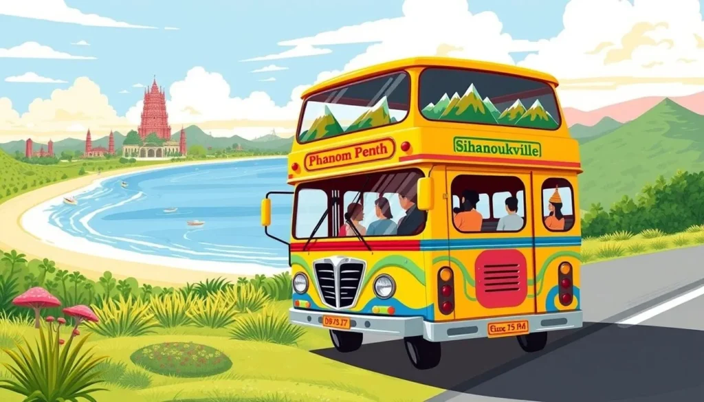 Image of a bus traveling from Phnom Penh to Sihanoukville