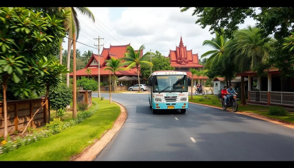 Image of a bus traveling on a Cambodian road