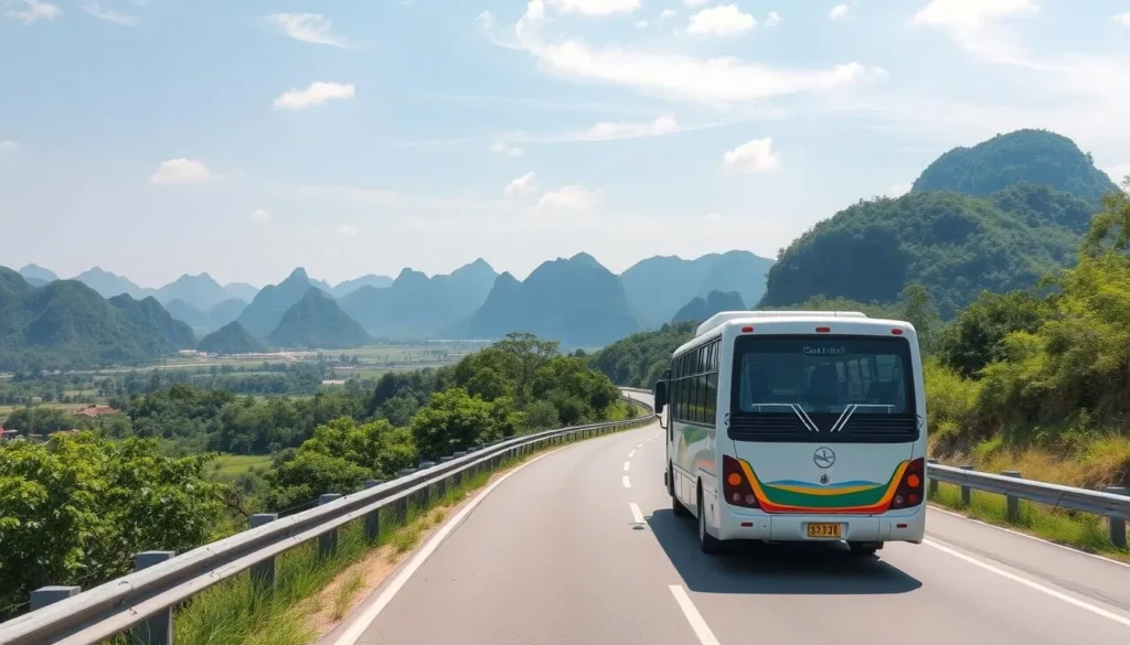 Image of a bus traveling on the highway to Phong Nha