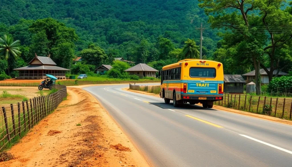 Image of a bus traveling to Kratie, Cambodia