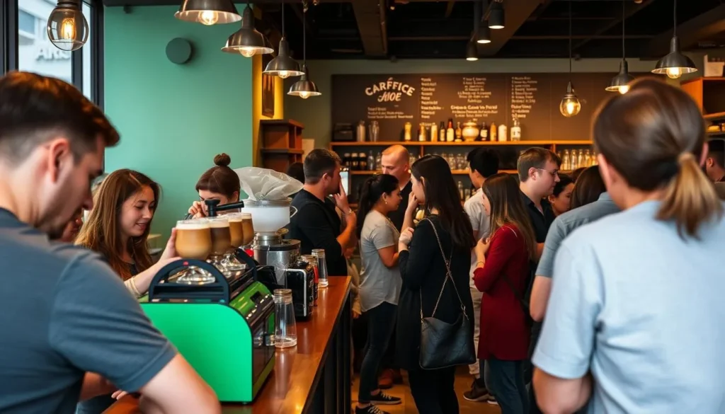 Image of a bustling Melbourne coffee shop with specialty coffee drinks