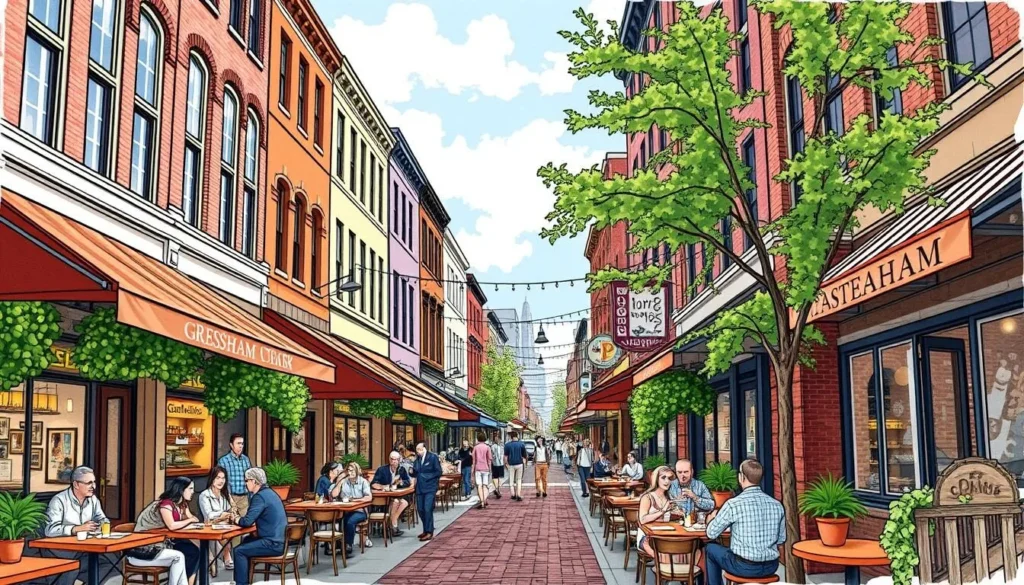 Image of a bustling downtown Gresham street with various eateries