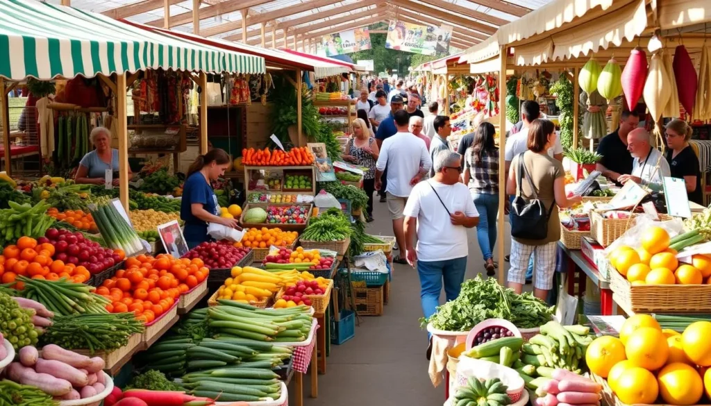 Image of a bustling farmers market with fresh produce and local artisans.